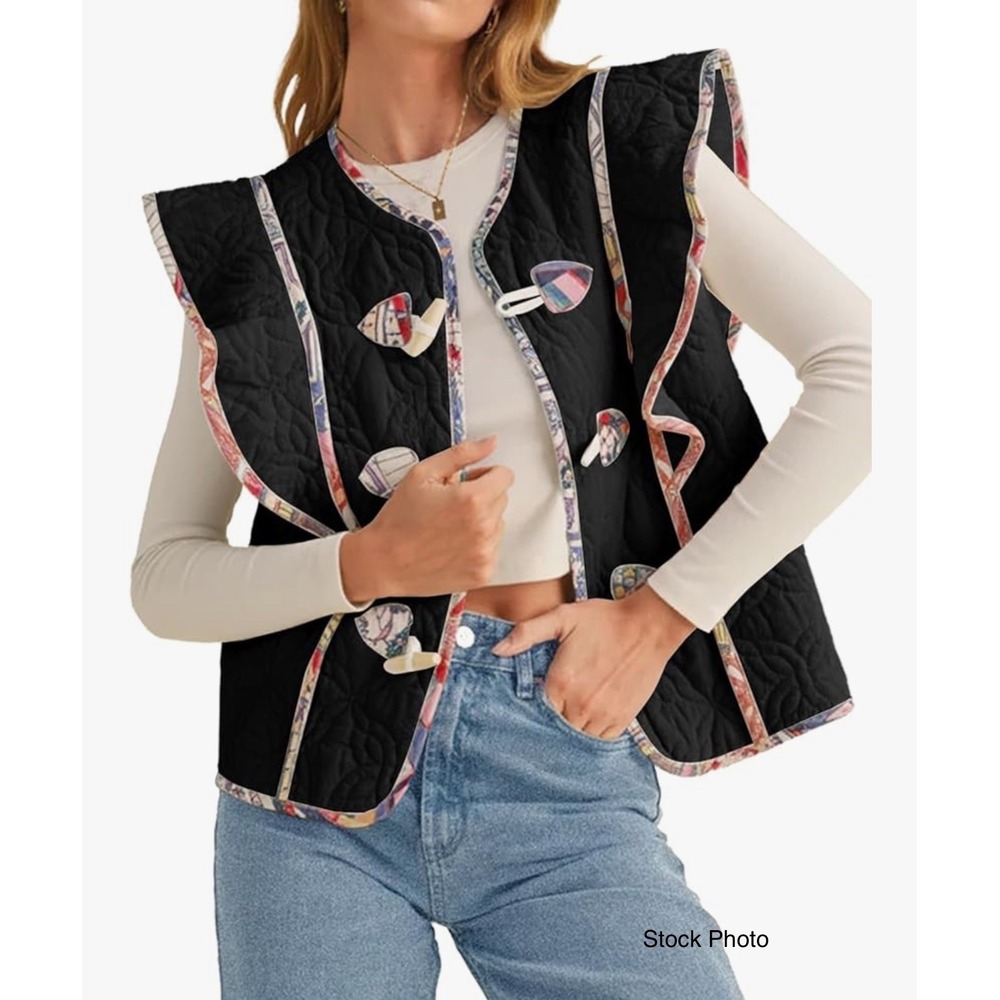 Tankaneo Womens Quilted Toggle Vest White Paisley Trim Ruffle Cap Sleeve‎ Medium - Picture 9 of 14